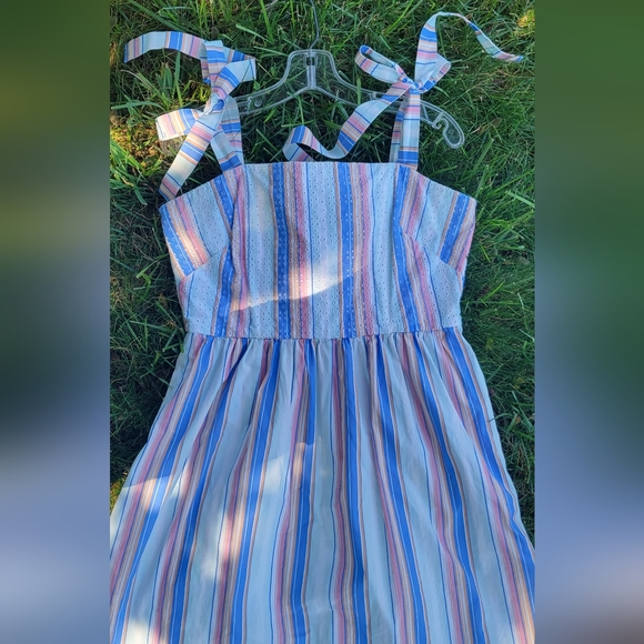 Shoshanna Demeri Striped Eyelet Dress in Rainbow Womens 12 Blue Pink white Midi - Picture 4 of 14